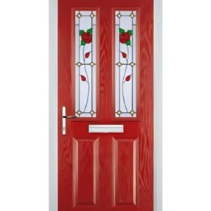 Red 2 panel composite door with English Rose glass