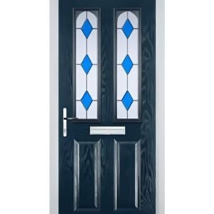 Dark blue 2 panel door with 2 arch drop diamond glass