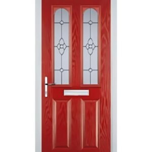 Red 2 panel door with 2 arch Finesse glass inserts