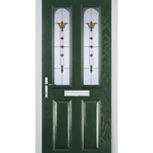 Green 2 panel door with 2 arch Fleur resin glass