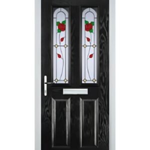 Black 2 panel door with 2 arch English Rose glass design
