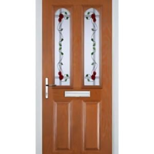 Oak 2 panel door with 2 arch Mackintosh Rose resin glass design